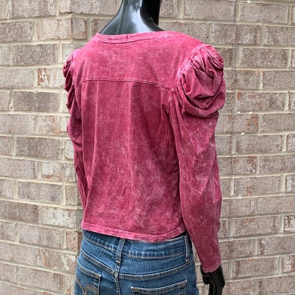 7 For All Mankind Puff Shoulder V-Neck Long Sleeve Stone Washed Cropped Top Sz S - Picture 3 of 12